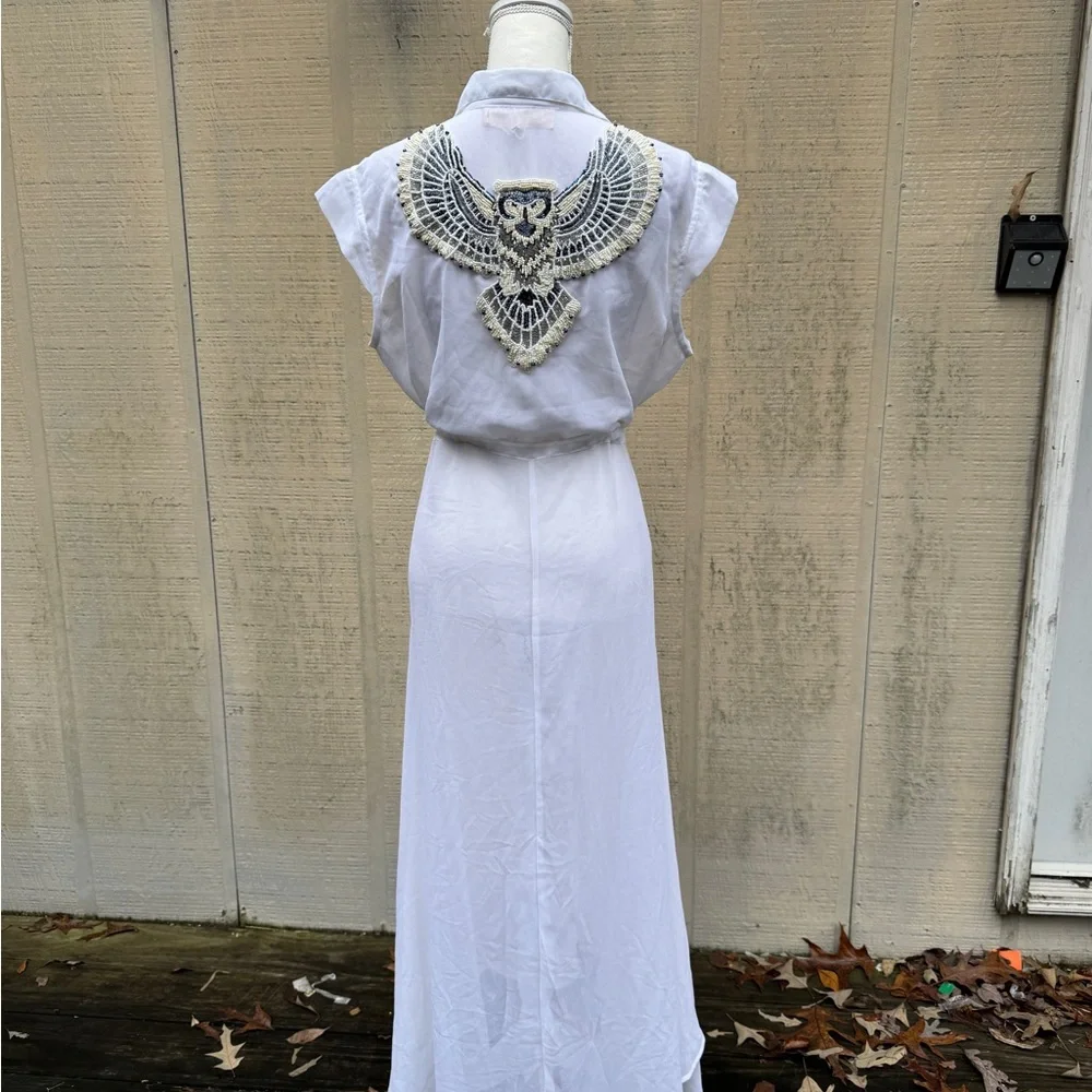 White Beaded Owl Design Short Sleeve Sheer Maxi Dress/Jacket - Picture 4 of 10